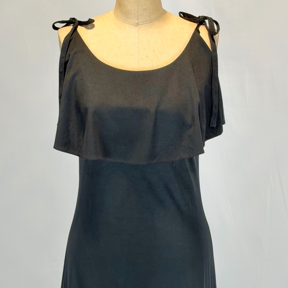 VINTAGE 70s black ruffle bodice long maxi dress bow‎ tie strap black formal prom - Picture 3 of 11